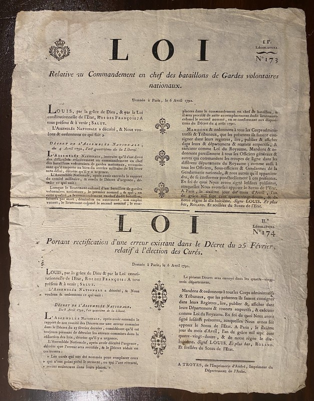 1792 French Revolution broadside LOI No.173 & 174 King Louis XVI National Guard