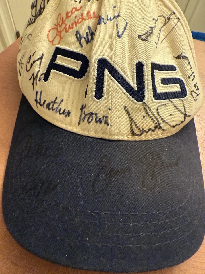 Vintage PING by Karsten Signed Golf Hat White Navy Strapback 19 Signatures Rare - Image 3 of 4
