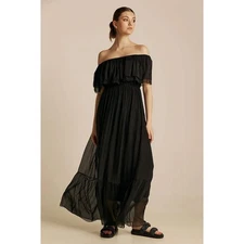 Boutique Italian Black Off-Shoulder Ruffle Maxi Dress – Silk Viscose Blend
