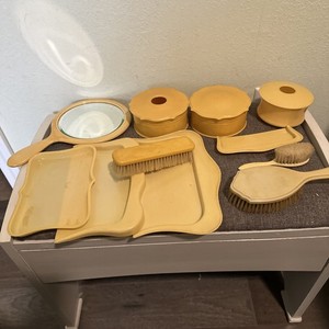 antique french ivory dresser set Antique French Ivory Dresser Set From 1920s, Vintage Celluloid USED Set of  Hand Mirror, Cuticle Blade, Hair Receiver, Powder Box, Make Up
