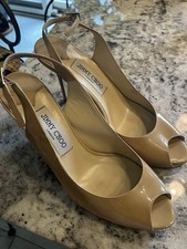 Jimmy Choo Beige Patent Leather Slingback Peep Toe Stiletto Heel EU 39.5