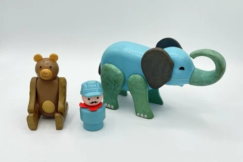 Lot (3) Vintage Fisher Price Little People Circus Elephant Bear Train Conductor
