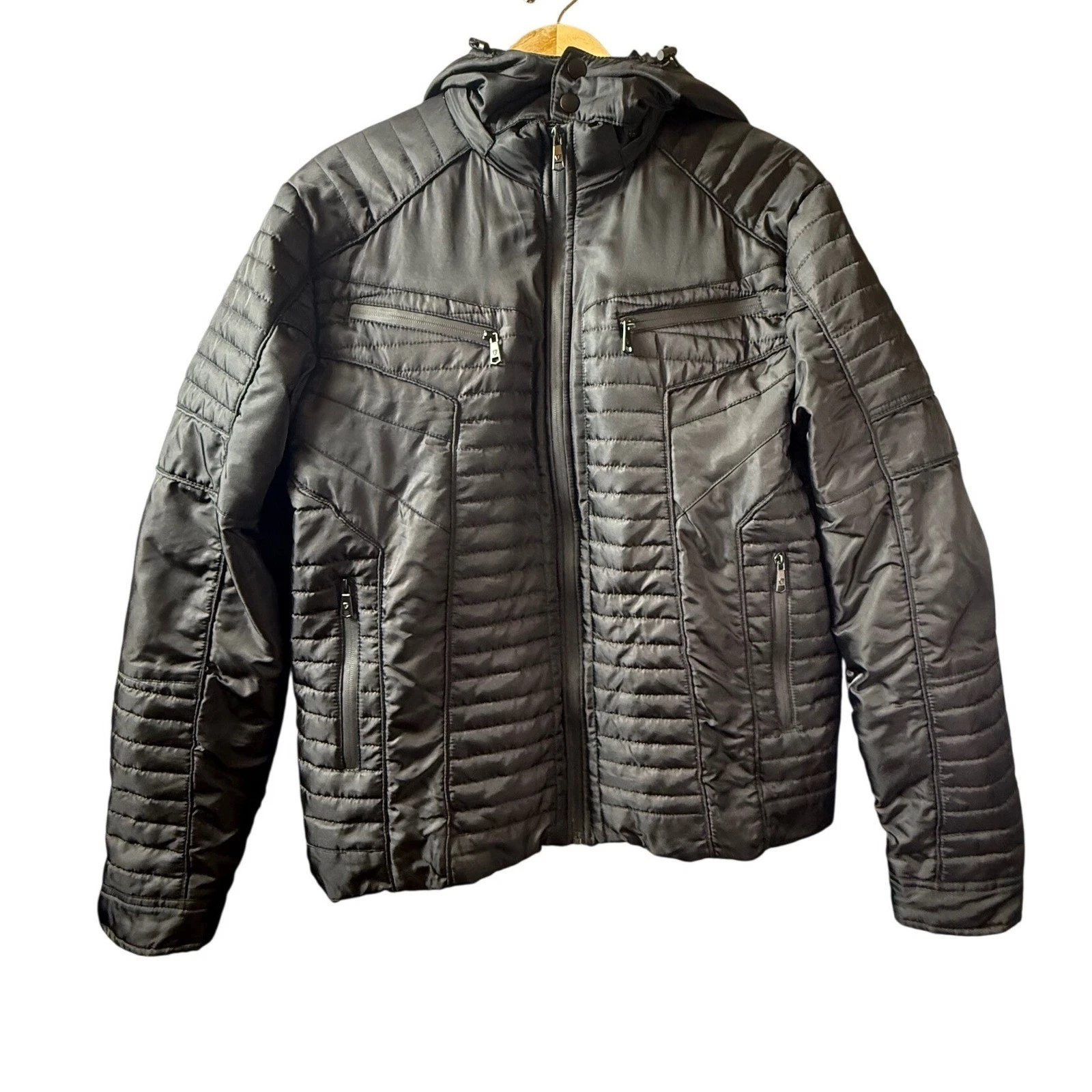 Fried Denim NYC Mens Black Quilted Puffer Moto Jacket Detachable Hood XL