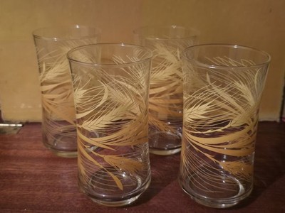 Vier Vintage 70er Jahre Libbey Glas goldenes Weizenmuster Becher/Gläser Geschirr 