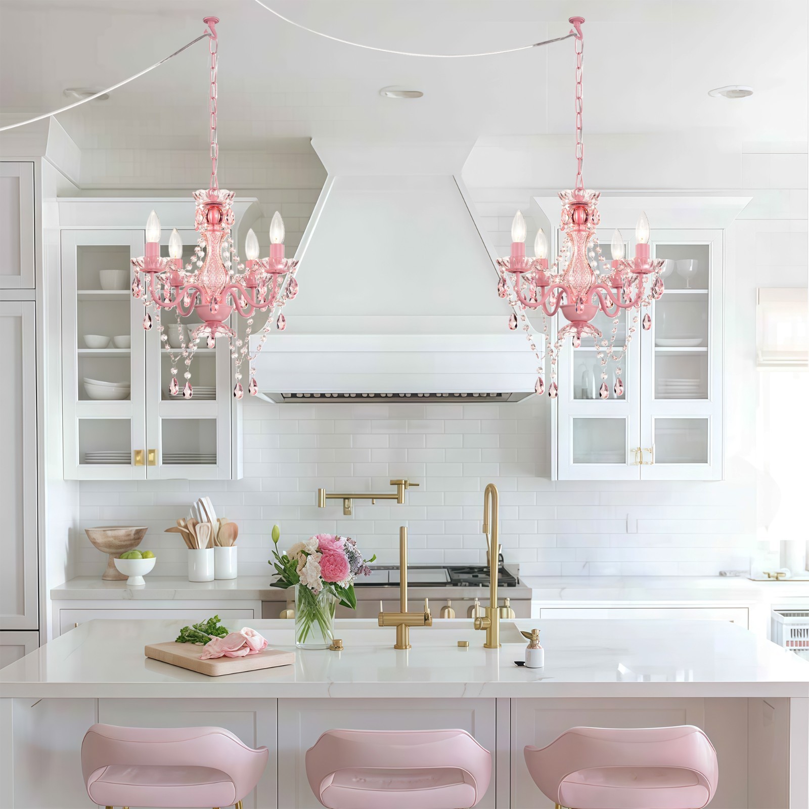 Plug-In Crystal Chandelier Pink 4-Light Mini Ceiling Fixture for Girls Bedroom