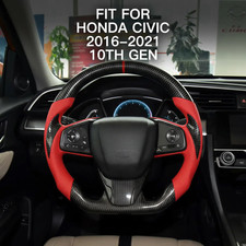 Black Carbon Fiber Red Leather Steering Wheel For 2016-2021 Honda Civic