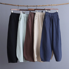 Women's Cotton Linen Pants Casual Baggy Summer Elastic Waist Loose Fit Trousers