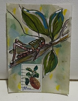 Katydid on Walnut Twig   Postal Whimsy OOAK ACEO with 32¢ Stamp
