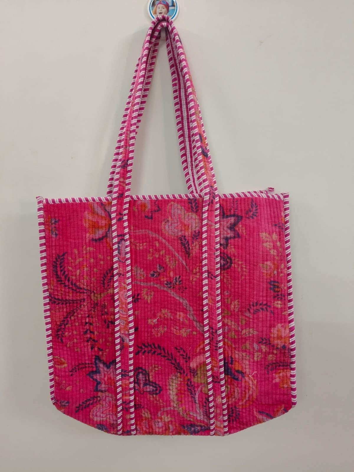 Floral Quilted Pink Tote Bag with Striped Trim and Double Handles