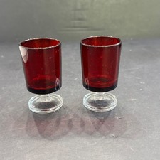 2 Vintage Ruby Red Glass Cordial Shot Glasses Clear Footed Base Mid Century