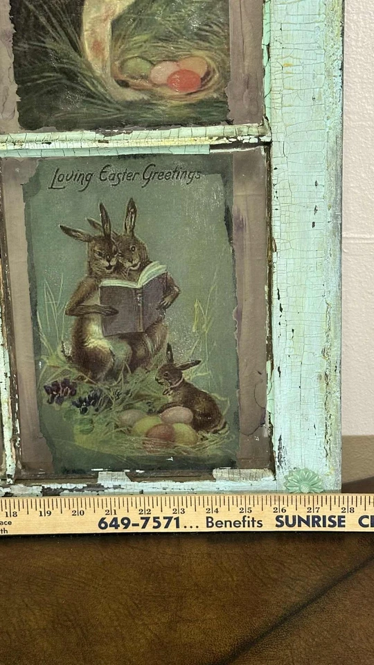 Ventana antigua hecha a mano de 100 años con arte de conejo de Pascua - Decoración de pared Shabby Chic 23x27 " Foto 3 de 4