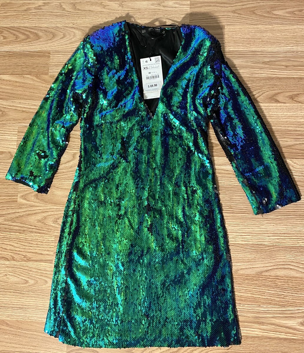 NWT Zara Woman Sequin Green Mini Dress Long Sleeve Limited Edition Size XS  | eBay UK