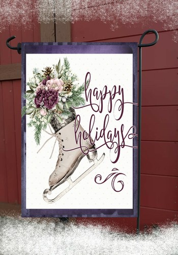Happy Holidays Ice Skate Garden Flag ** Double Sided Top Quality