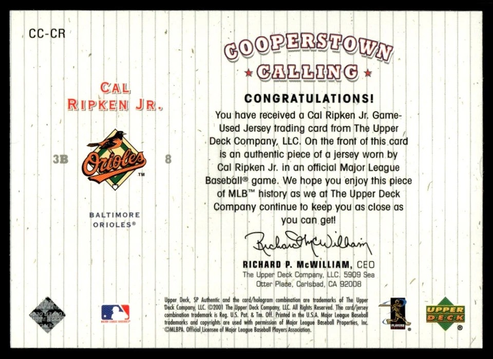 2001 SP Authentic Cooperstown Calling Game Jersey Cal Ripken Jr. Baltimore - Image 2 of 2