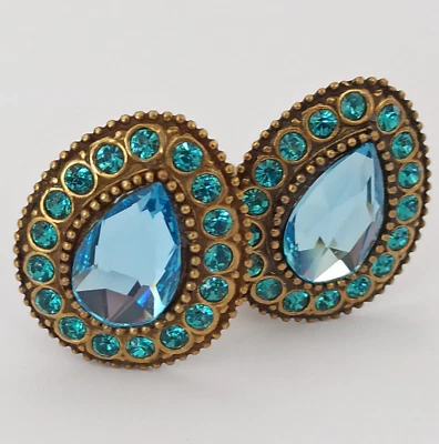 Michal Negrin Clip Earrings Sky Blue Crystal VTG Teardrop Statement Baroque 1" - Image 1 of 4