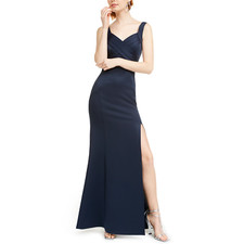 Emerald Sundae Juniors' Navy Crossover Ruched Sleeveless Side-Slit Gown SZ M