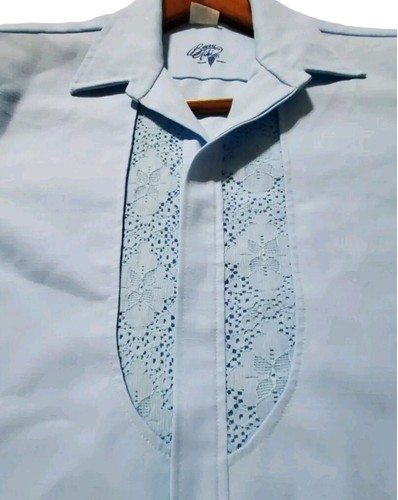 Vtg Iolani Beau Tiki Blue Hawaiian Wedding Shirt Aloha 100% Polyester Lace - Picture 7 of 22