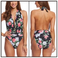 NWT Vince Camuto Tropical Floral Plunge Halter Open Back One Piece Swimsuit 8