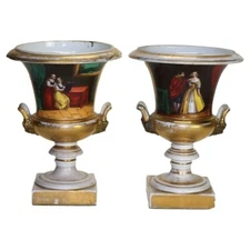 Pair of Antique Old Paris Porcelain Portrait Urns C1870