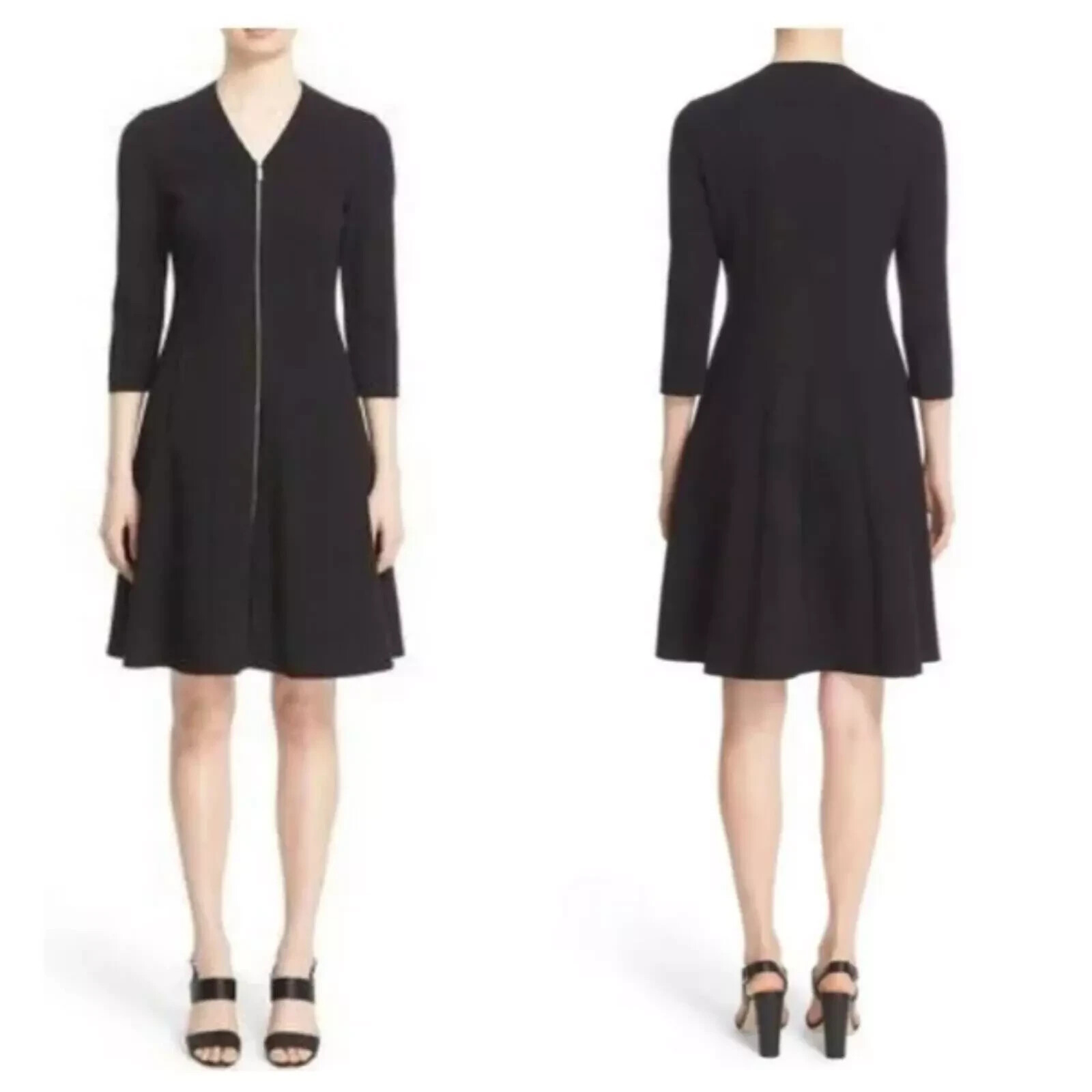 Lafayette 148 Navy Dress Rosalie A-Line 3/4 Sleeve Full Front Zip Size 2 Midi