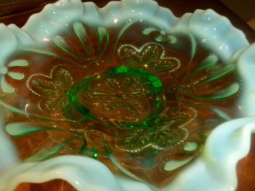 Ciotola vetro Jefferson verde opalescente bordo increspato crimpato antico piedi vetro - Foto 4 di 14