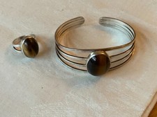 Vintage Armspange Silber + Ring Tigerauge 70er Jahre