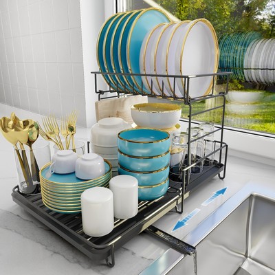 Escurridor De Platos XL Trastes Acero Inoxidable Estante 2-Niveles Para Cocina