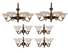 Large Matching Lighting Set 4 Wall Lights & 2 Chandeliers  Brass & Crystal Glass