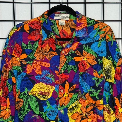 Vintage UnionBay Hawaiian Shirt Mens Medium Multi Colorful Leaves Tropical 90s - Picture 2 of 8