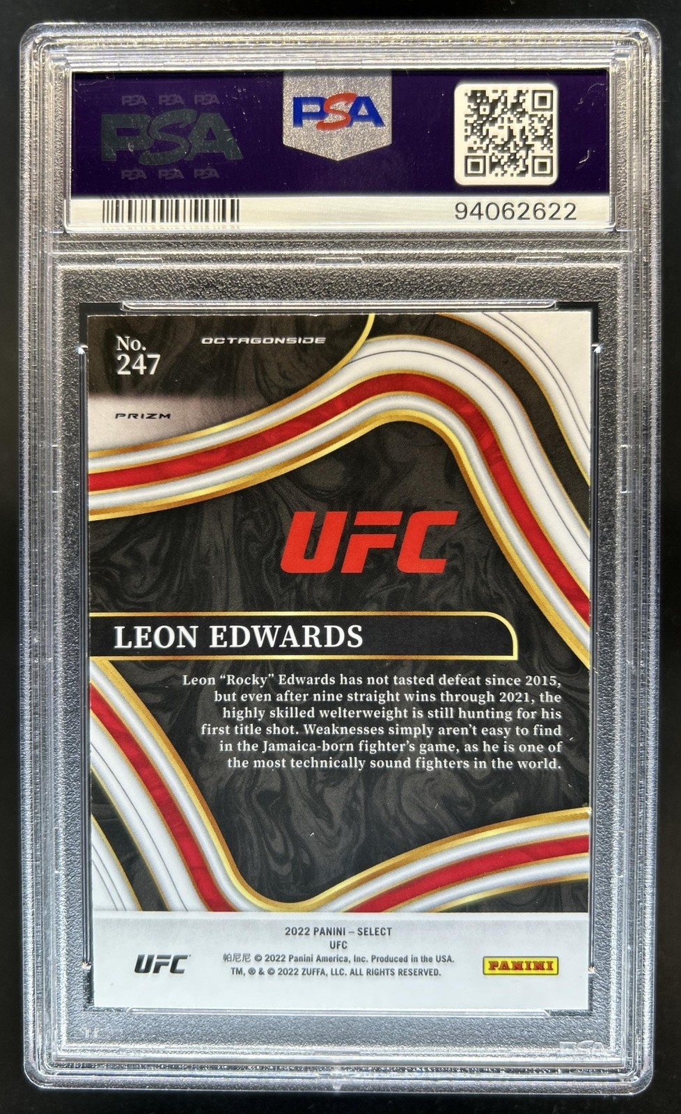 2022 Panini Select UFC Leon Edwards Elephant Prizm SSP Octagonside #247 PSA 10 view 2