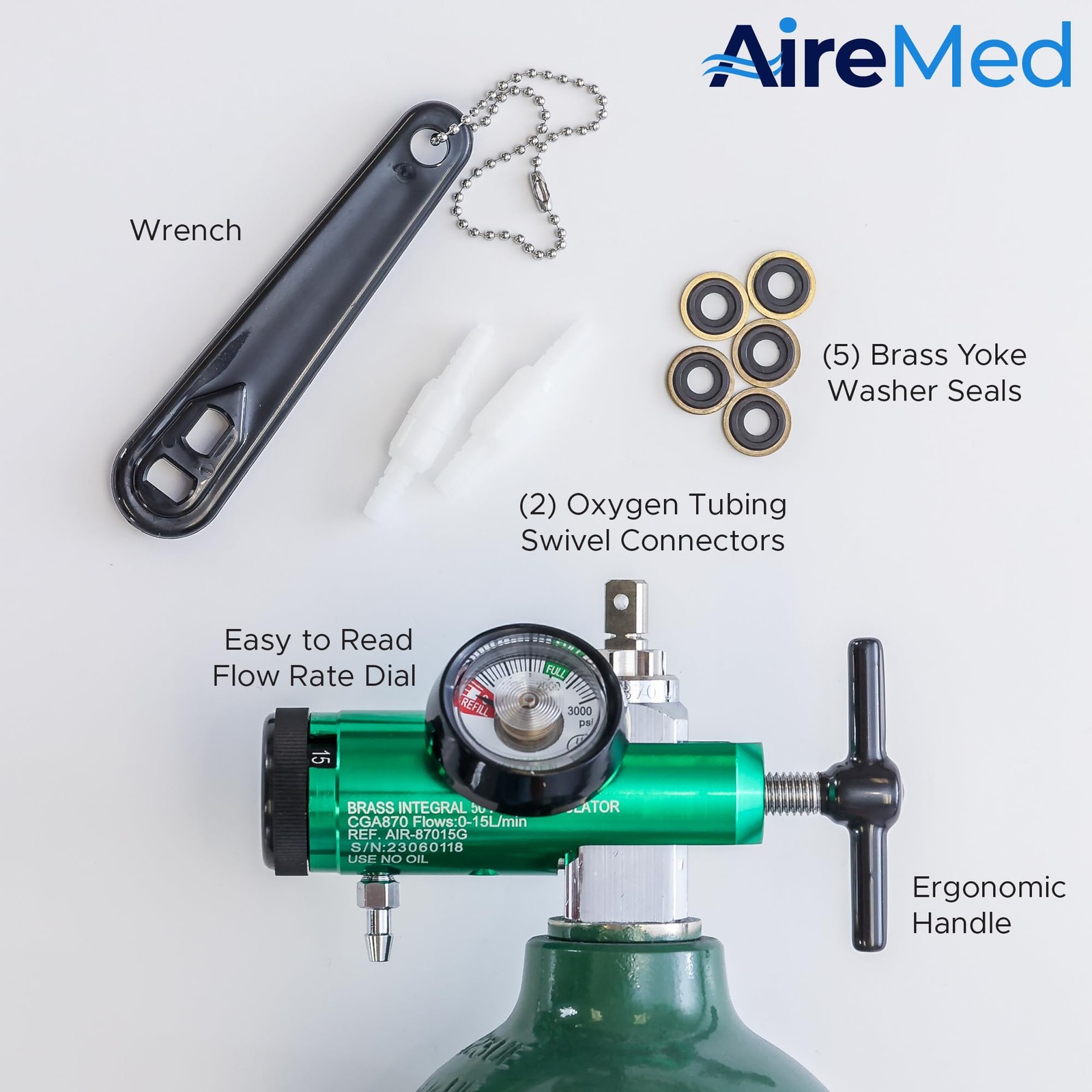 Oxygen Regulator 0-15LPM CGA-870 Gauge Flow Rate Includes Wrench Seals