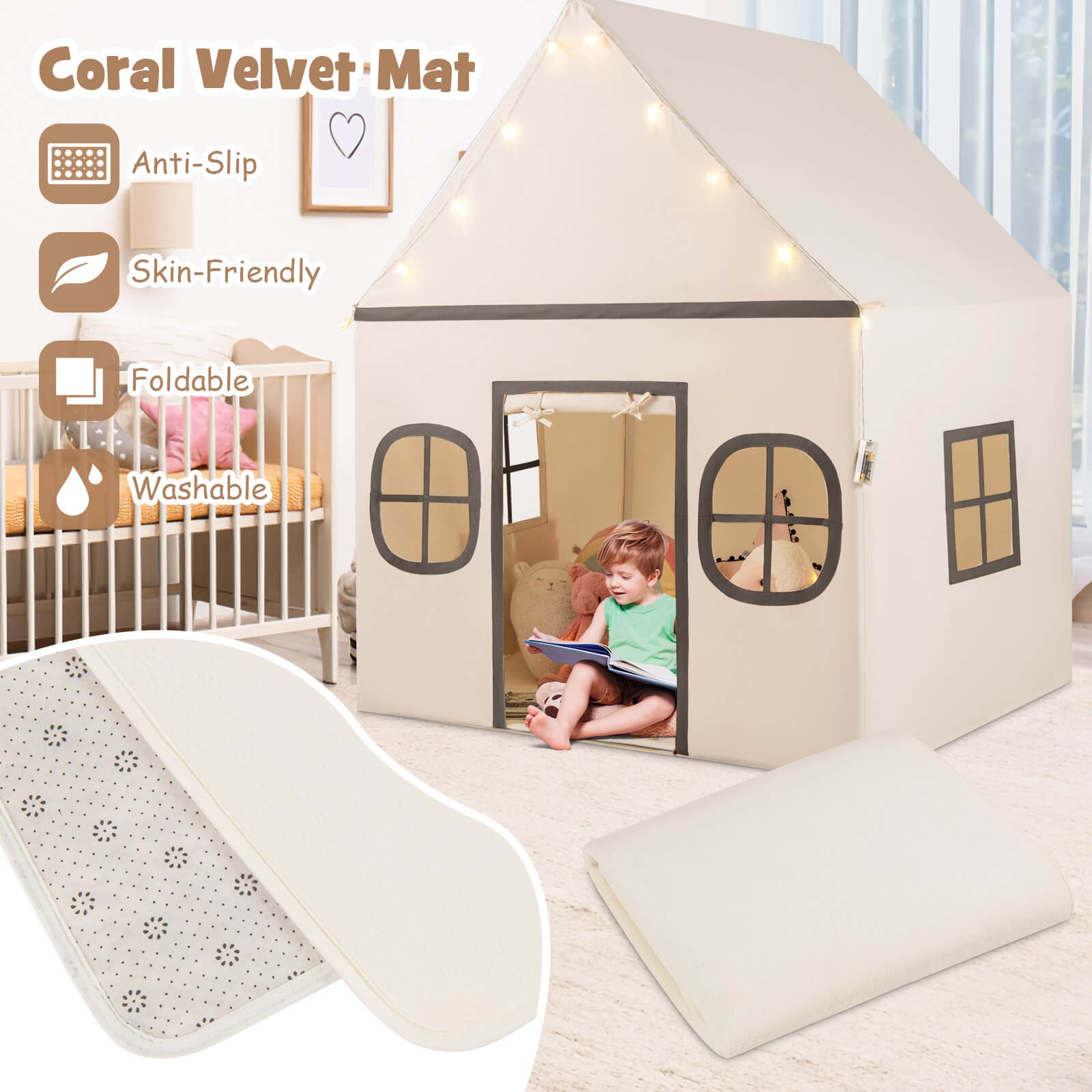 Kids Play Tent with Padded Mat, Star Lights, Side Storage Bags, Door & Windows