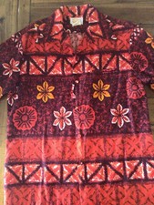 VTG 60s LIBERTY HOUSE IOLANI USA L Orange Floral Barkcloth Hawaiian Shirt Tim