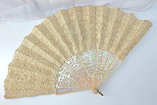 Antique 19c Victorian Mother of Pearl Abalone  Lace Folding Hand Fan 11.25"