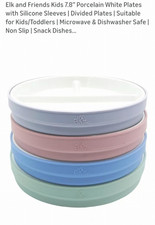 Elk and Friends Kids 7.8  Porcelain White Plates with Silicone Sleeves