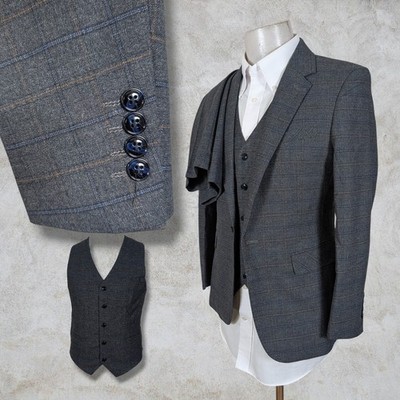 Bespoke 3 Piece Suit Mens 34S Pants 30x28 Vest Gray Flannel Windowpane Check