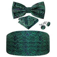 Paisley Cummerbund and Bow Tie Set Adjustable Formal Men's Green Cumberbund T