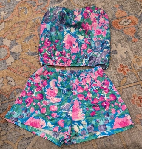 Vintage CEEB 50s 60s Floral Bathing Suit 2 Piece Swim Playsuit Beach L 14 READ