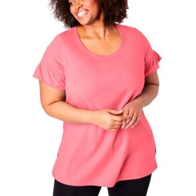 T-Shirt Top 5X (30-32) Pink Coral Ruffle Short Sleeve Tee Crew Relaxed Fit Plus