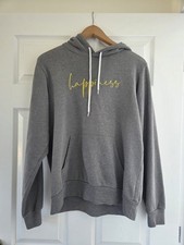 Grey Hoodie with Happiness in yellow. Size M