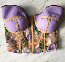 Purple Floral Embroidered Mesh Strapless Bustier Corset Underwired Boned M DD