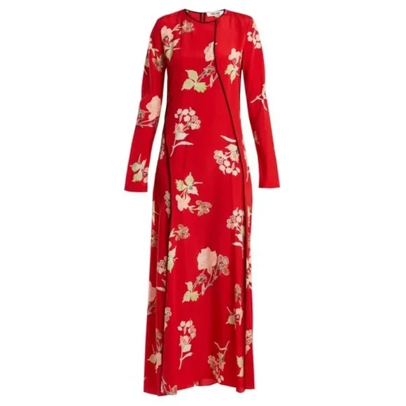 DIANE VON FURSTENBERG Dress US 6 UK 8 Red Floral Everton Print Long Silk - Image 2 of 4