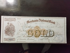 1875 MERCHANTS NATIONAL BANK $3500 Montreal, Canada Gold PAID March 15, 1875
