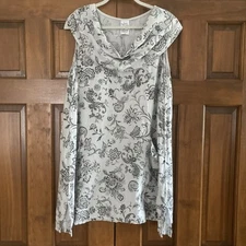 Match Point Women’s Sz Medium 100% Linen Gray Floral Dress Lagenlook USA Made