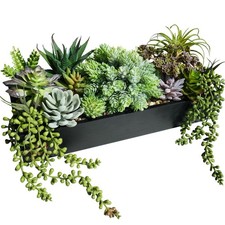Artificial Succulent Arrangement 15 Inch Faux Rustic Black Wooden Planter