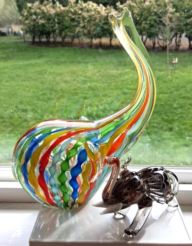 2 VTG Art Glass Elephants Trunk Up-Murano Ribbon 7" & Fitz & Floyd Amber 3"