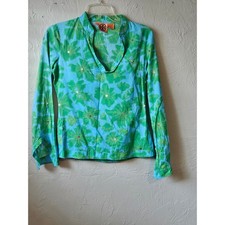 Tory Burch Blue Green Floral Long Sleeve V Neck Blouse Shirt Women's Size 2
