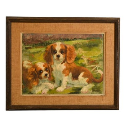 Framed Cavalier King Charles Spaniels Oil on Board Signed Amy Jones 1972