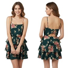 Trixxi Mini Dress Size Medium Green Floral Tiered Scuba Cottagecore Square Neck