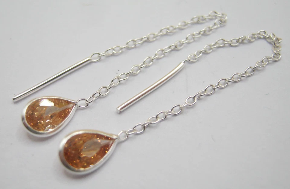 925 Solid Silver Tear Drop Shape Threader Earrings Decorated With Simulated CZ - Image 3 of 4